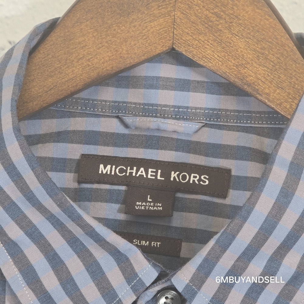Michael Kors Mens Slim Fit Gingham Button Down Shirt Blue Grey CS04CK87VC Large - Picture 9 of 12